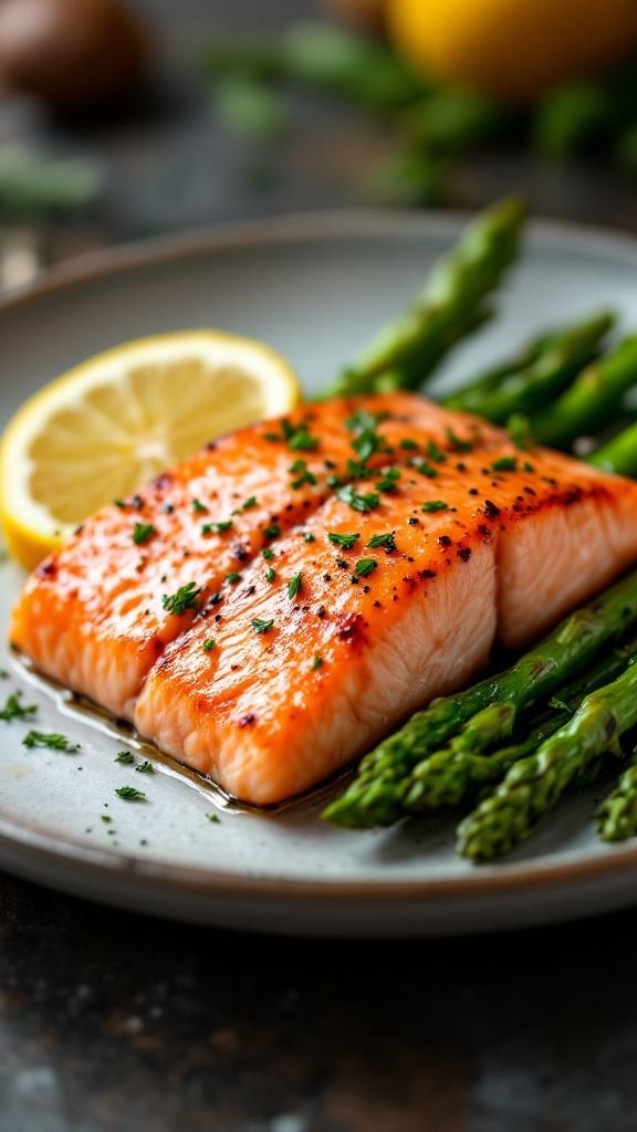 A plate of cooked salmon fillet with asparagus and a lemon slice