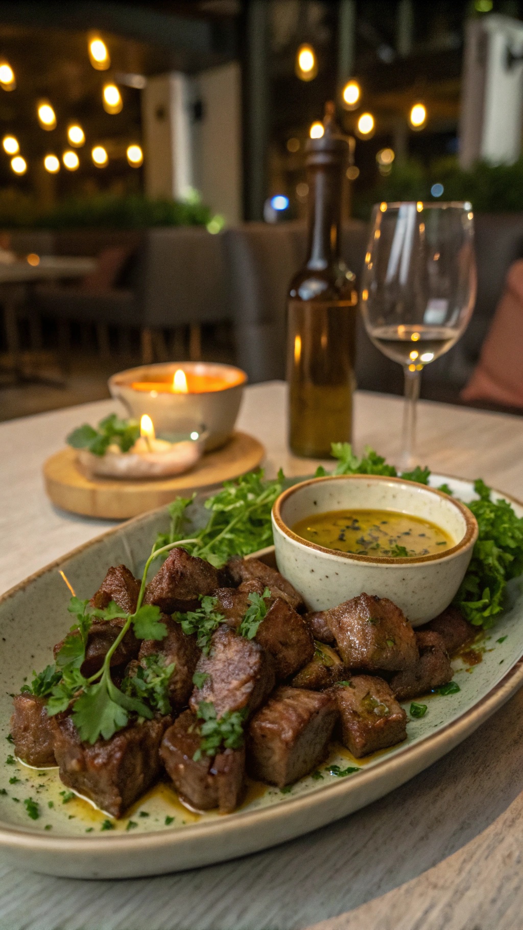 A plate of garlic butter steak bites garnished with herbs, accompanied by a dipping sauce and a glass of wine.