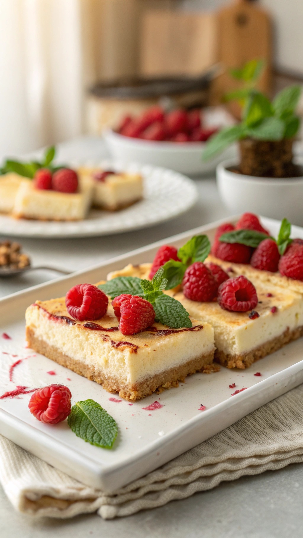 Low-carb cheesecake bars topped with raspberries and mint leaves on a white plate.