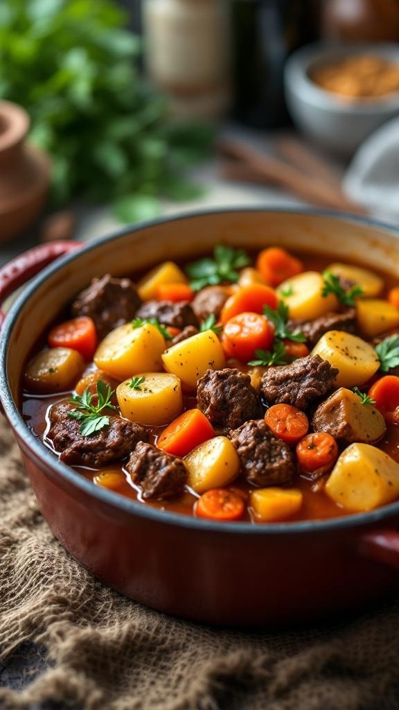 A hearty Mediterranean beef stew with chunks of beef, potatoes, carrots, and herbs in a red pot.