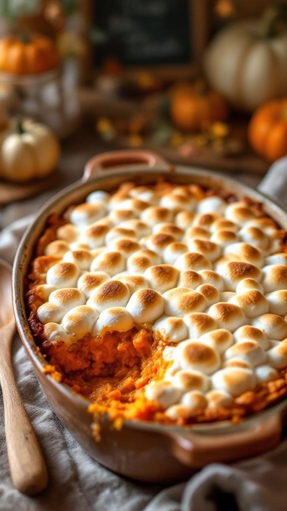 A delicious sweet potato casserole topped with toasted marshmallows, surrounded by autumn decorations.