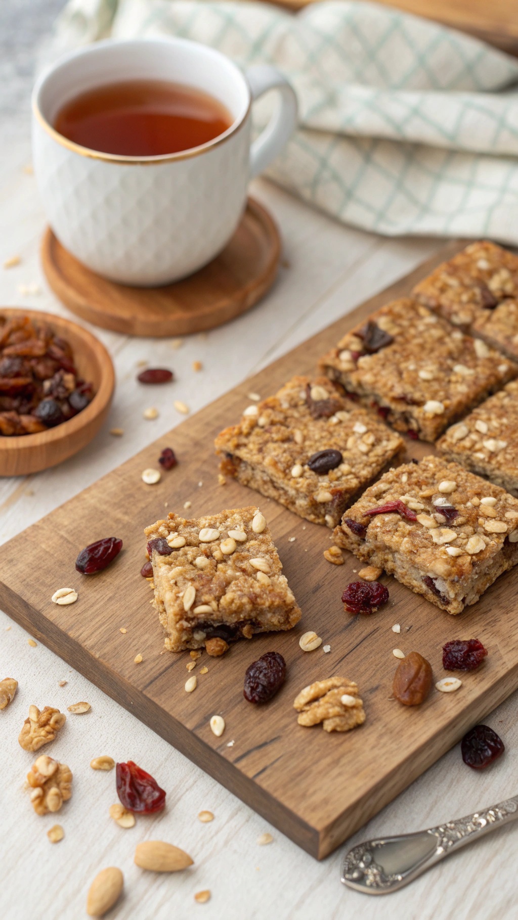 Homemade granola bars on a wooden board with a cup of tea