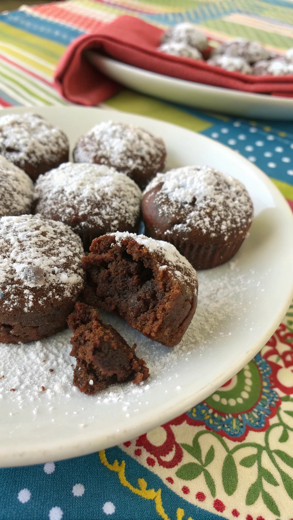 A plate of healthy brownie bites dusted with powdered sugar, with one bite taken out, on a colorful tablecloth.
