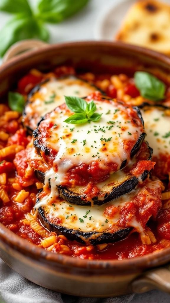 A delicious serving of air fryer eggplant parmesan with melted cheese and fresh basil on top.