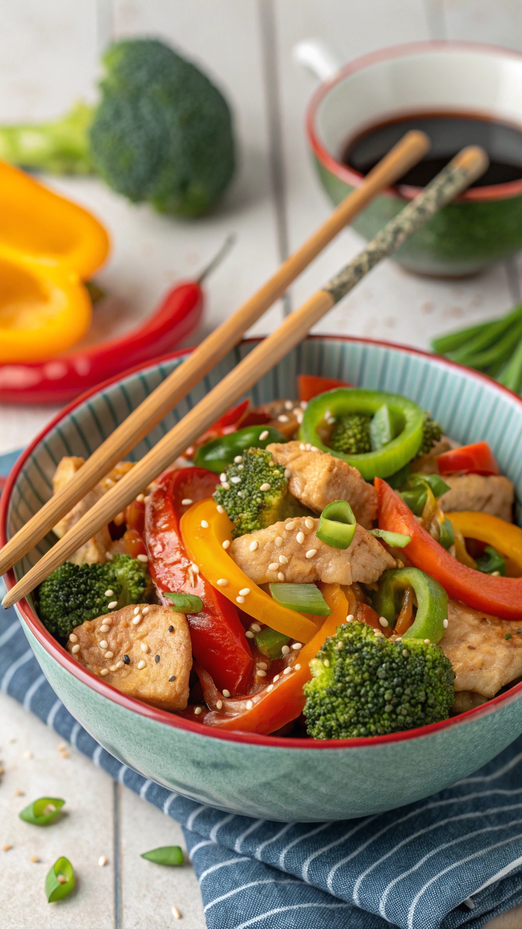 A colorful chicken and vegetable stir-fry in a bowl with chopsticks