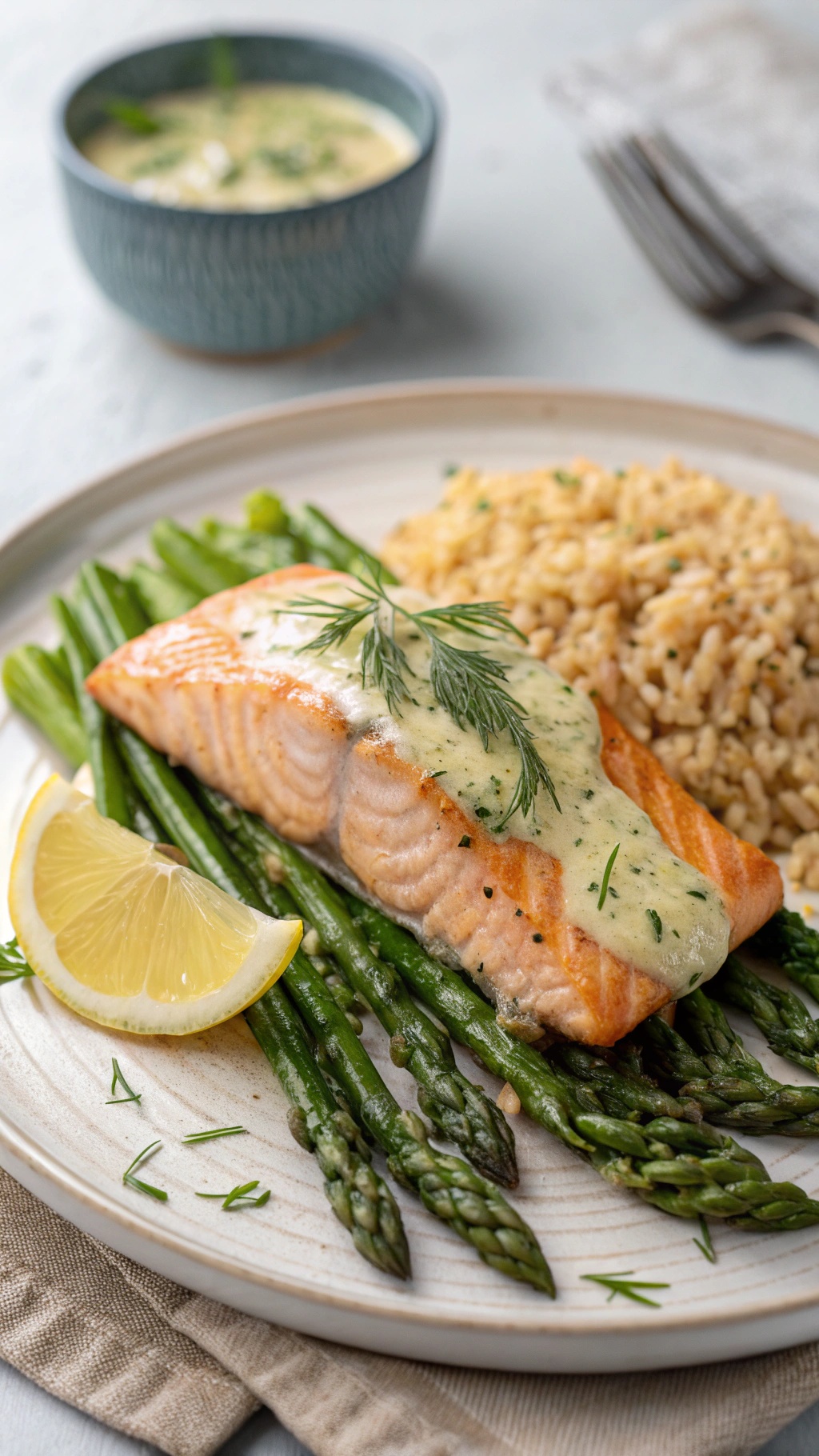 Baked salmon with asparagus served on a plate with a lemon wedge and sauce.