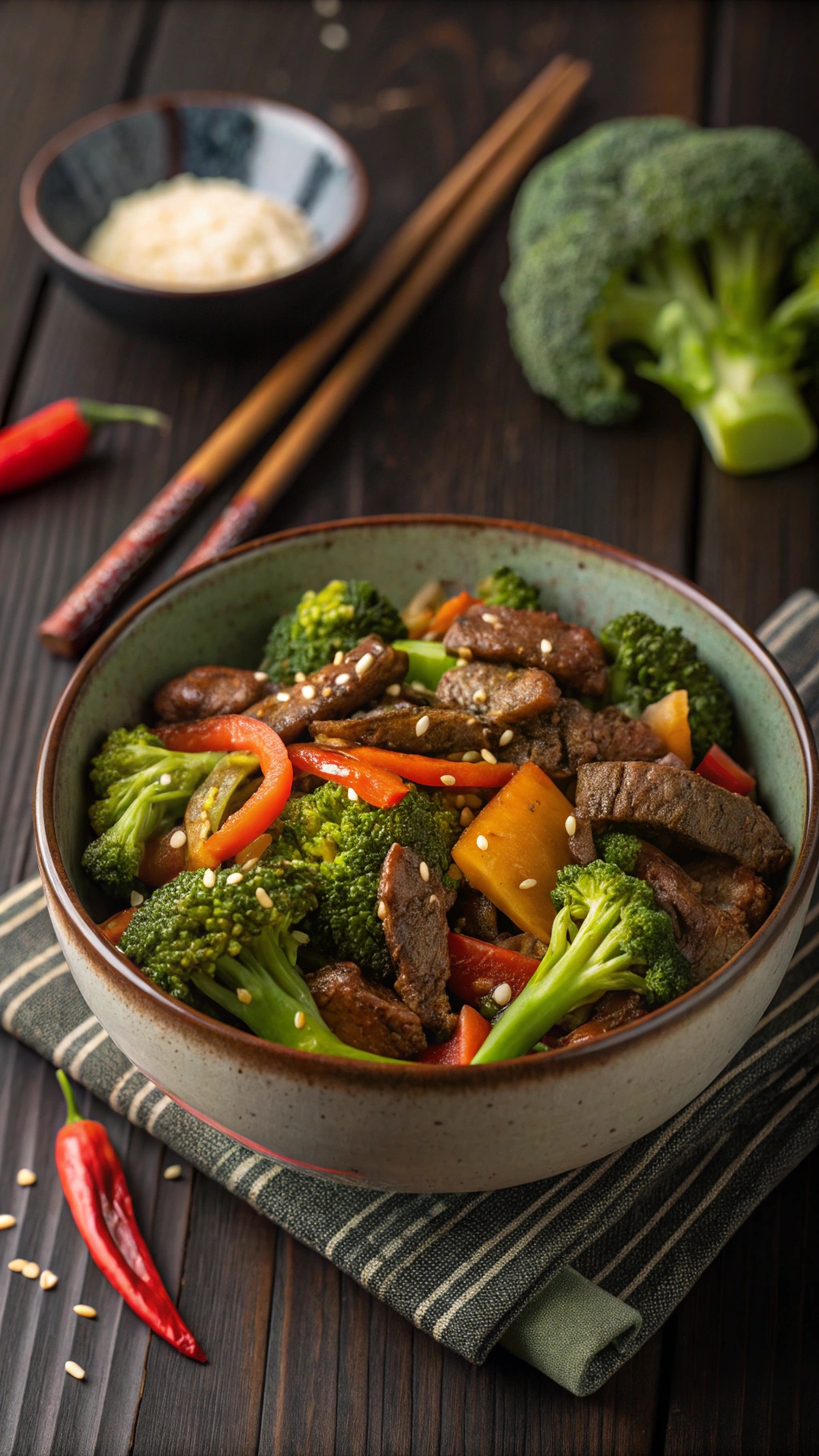 A bowl of beef and broccoli stir-fry with colorful vegetables and sesame seeds on top.