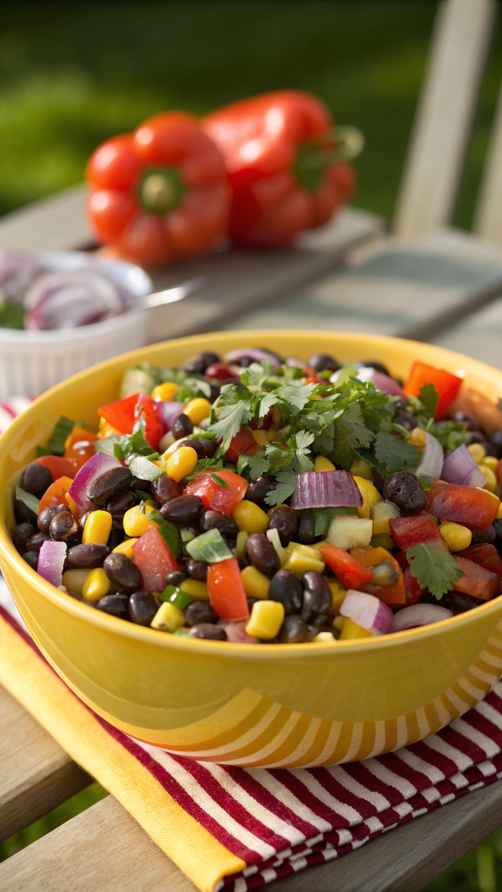 A colorful bowl of black bean and corn salad with diced vegetables and fresh cilantro.