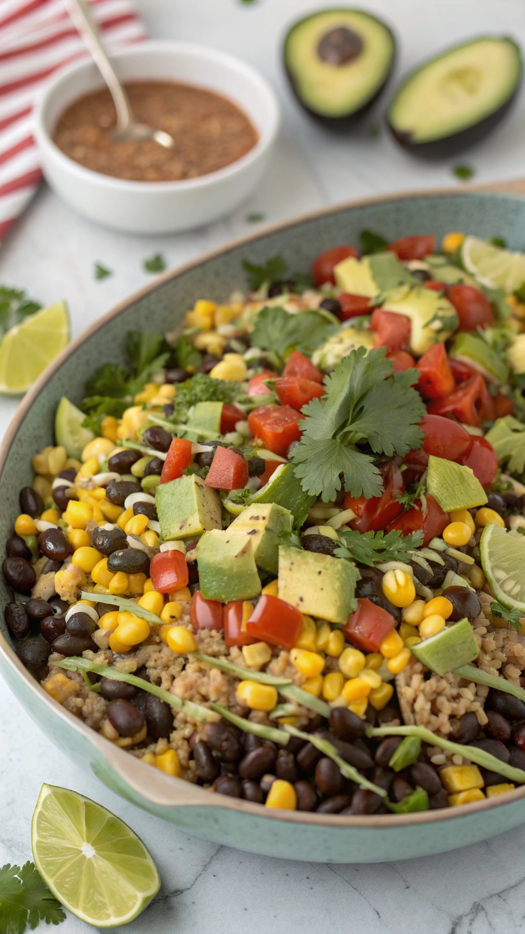 A colorful black bean and rice taco salad topped with avocado, tomatoes, corn, and cilantro.