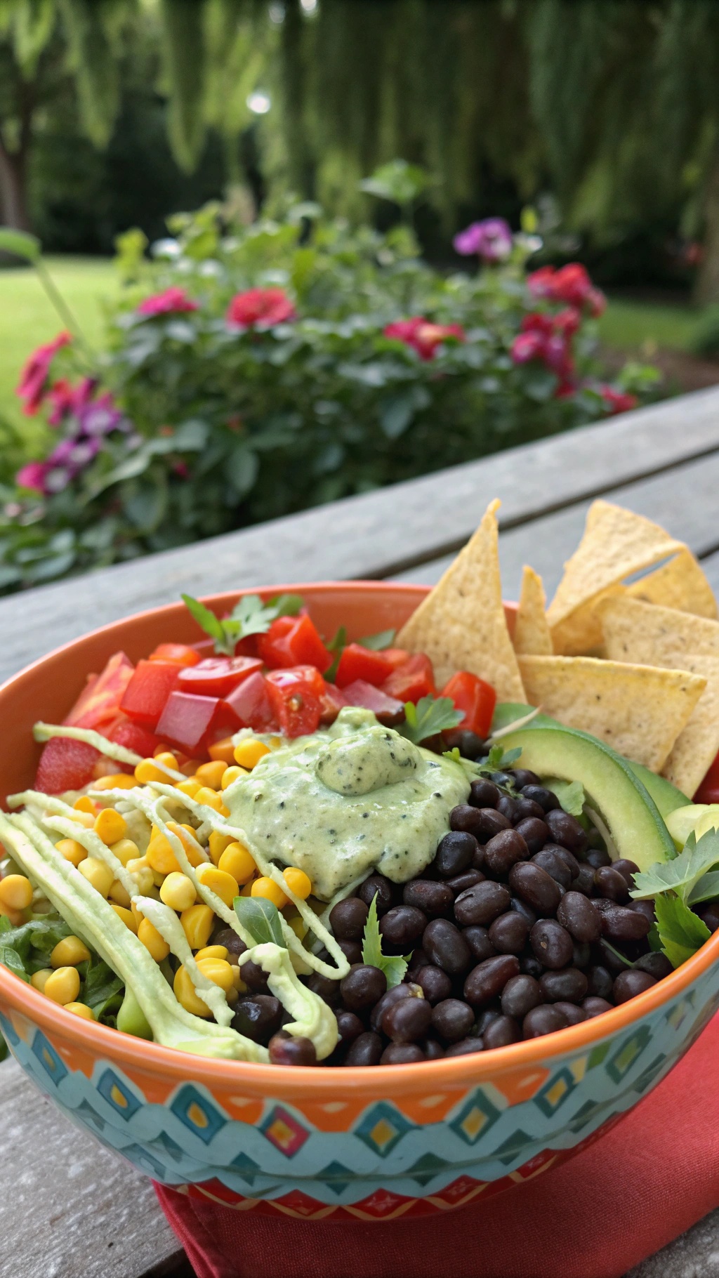 A colorful black bean taco salad with fresh vegetables, avocado, and tortilla chips.