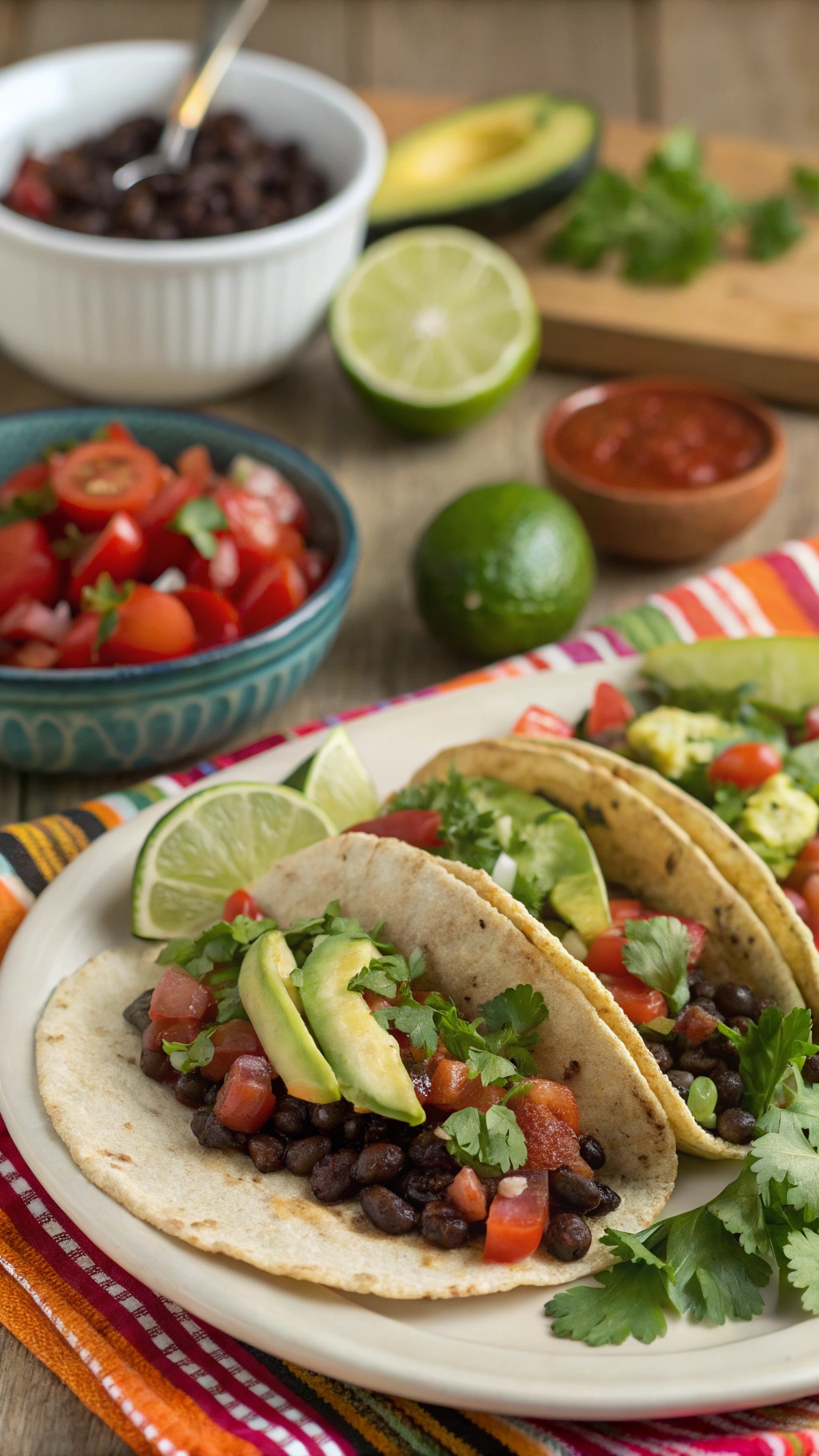 Plate of black bean tacos topped with tomatoes, avocado, and cilantro, with lime wedges on the side.