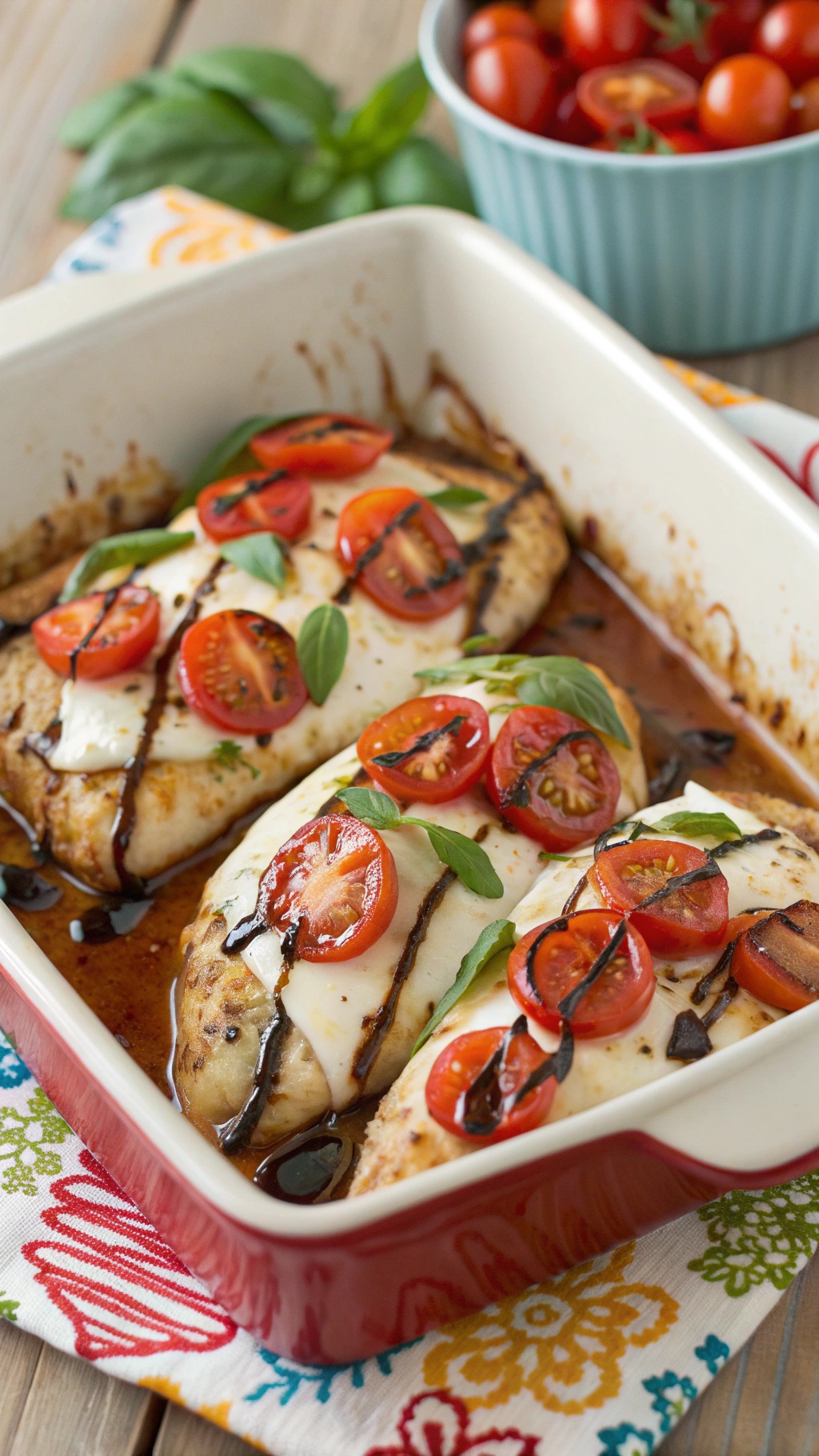 A delicious Caprese Chicken Bake with mozzarella, tomatoes, and basil in a baking dish.