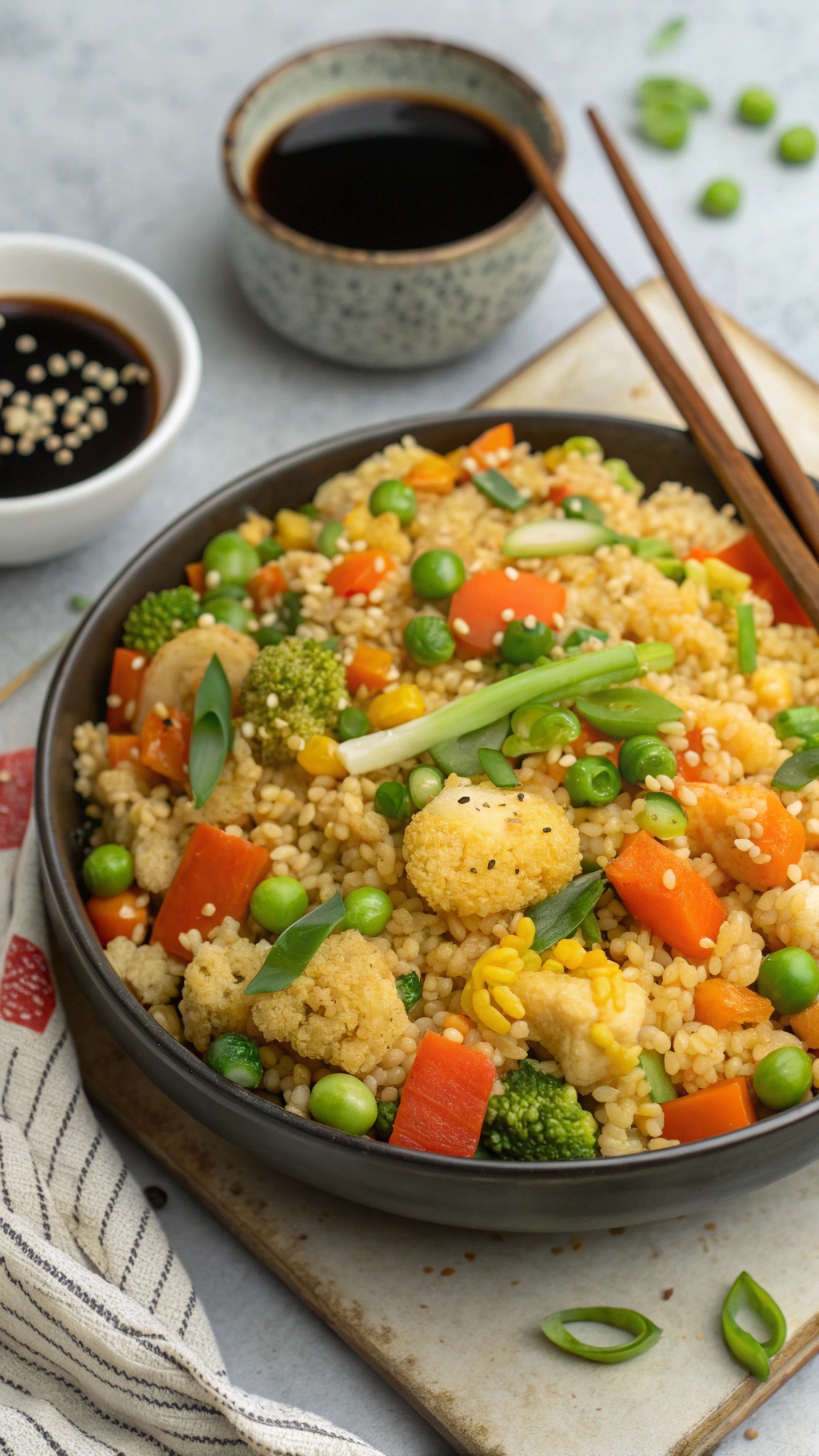 A bowl of cauliflower fried rice with colorful vegetables and green onions