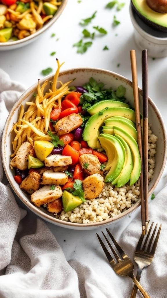 A colorful chicken and quinoa bowl with grilled chicken, avocado, cherry tomatoes, black beans, and corn.