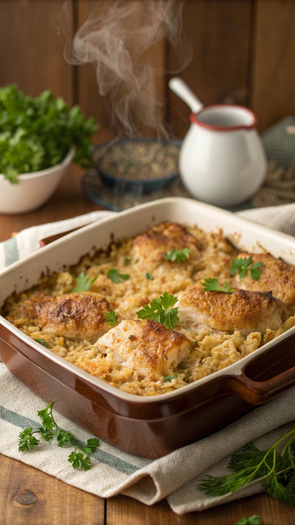 A delicious chicken and rice casserole with golden-brown chicken pieces, garnished with parsley, served in a baking dish.