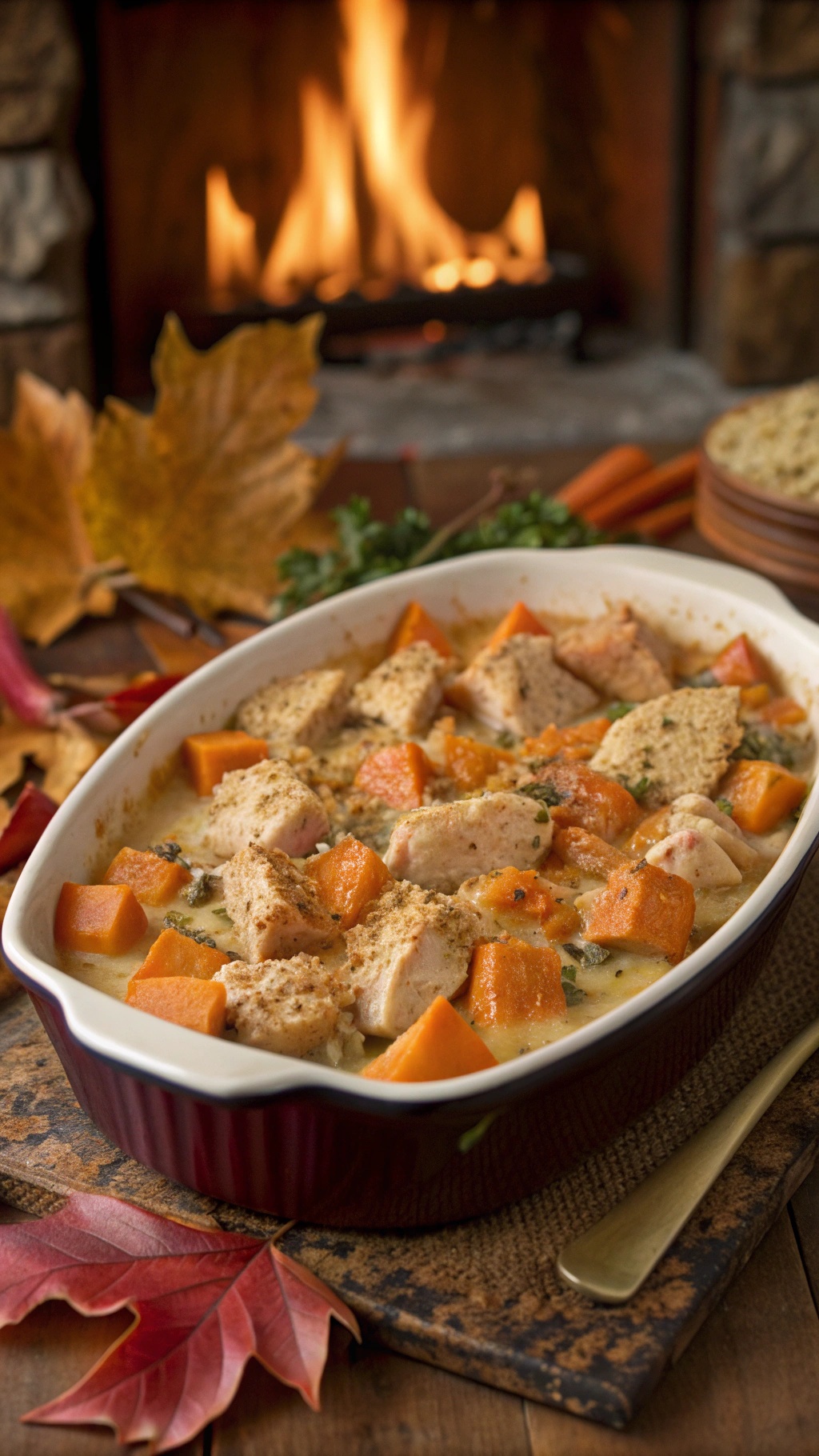 A warm chicken and sweet potato casserole in a baking dish, surrounded by autumn leaves and a cozy fireplace.