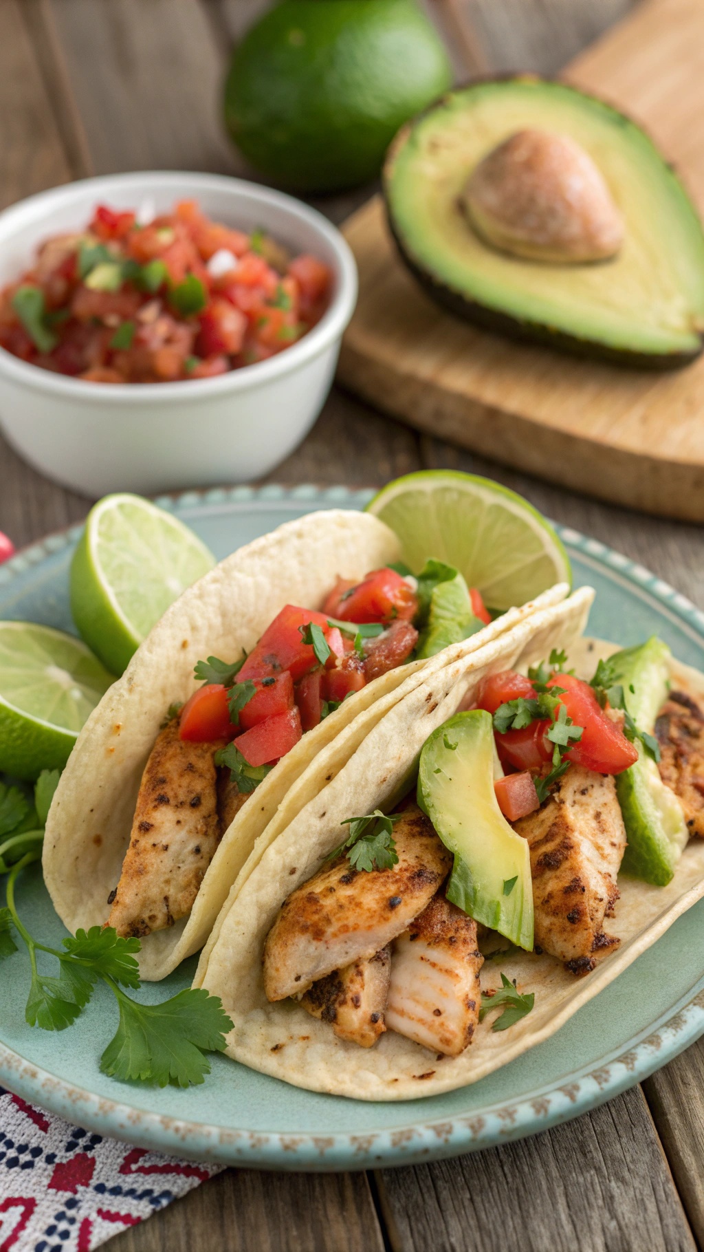 Two chicken tacos with salsa, avocado, and lime on a plate.
