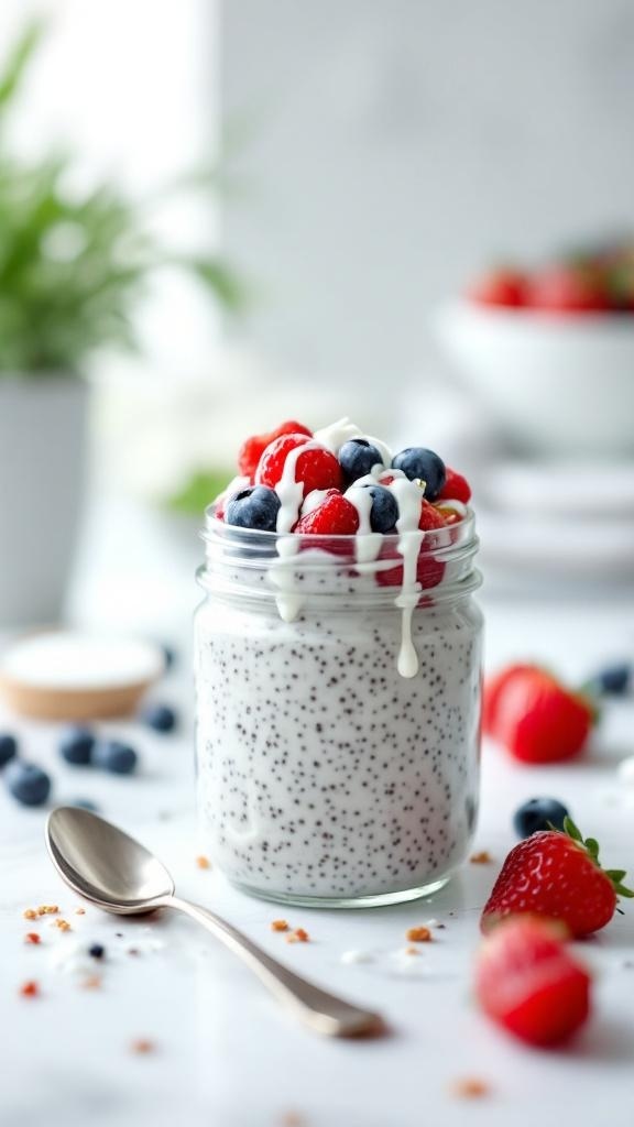 A jar of chia seed pudding topped with fresh raspberries and blueberries, with a spoon beside it.
