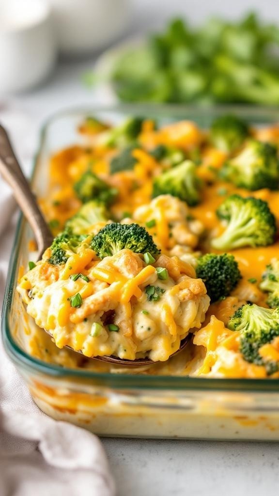A delicious keto chicken casserole with broccoli and cheese, ready to be served.