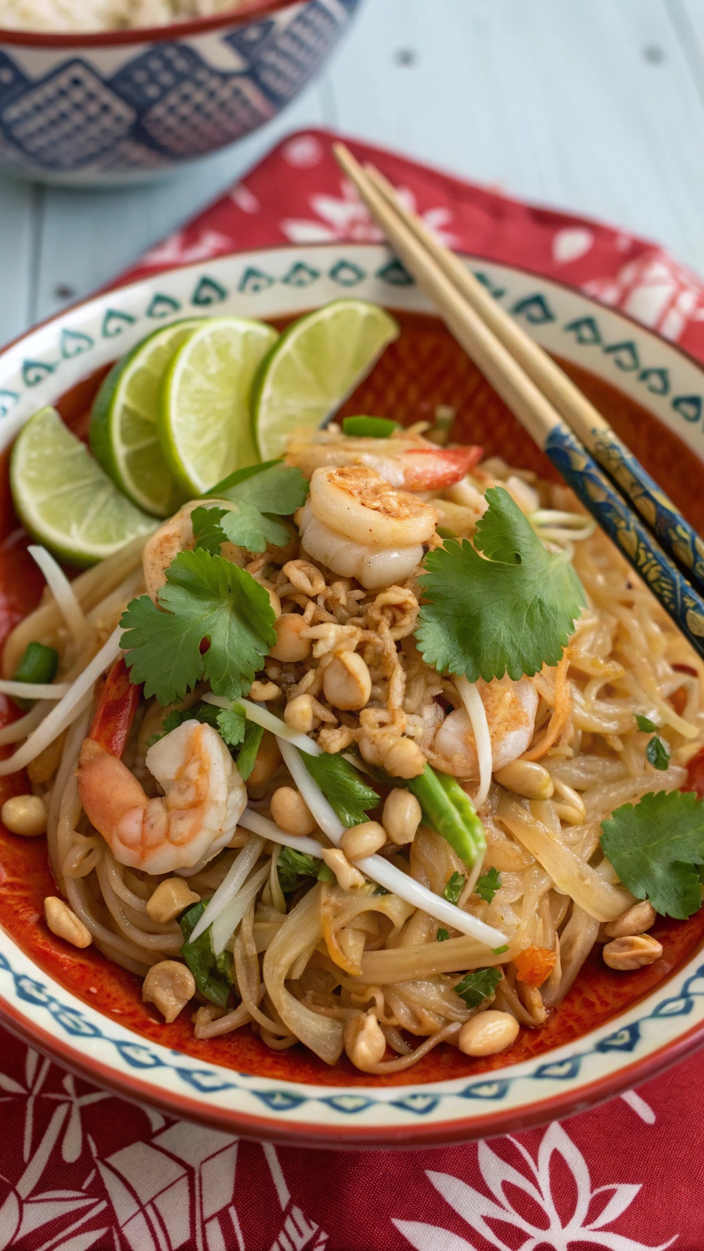 A bowl of low carb Pad Thai with shrimp, zucchini noodles, peanuts, and lime wedges.