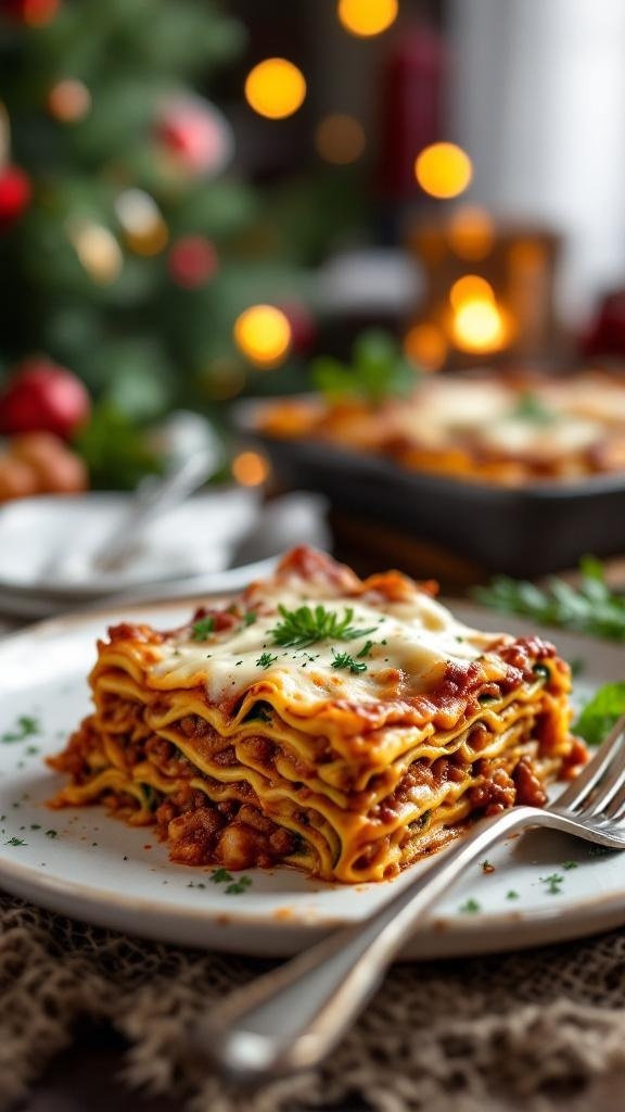 A slice of zucchini lasagna on a plate, garnished with parsley, with a festive background of holiday lights.