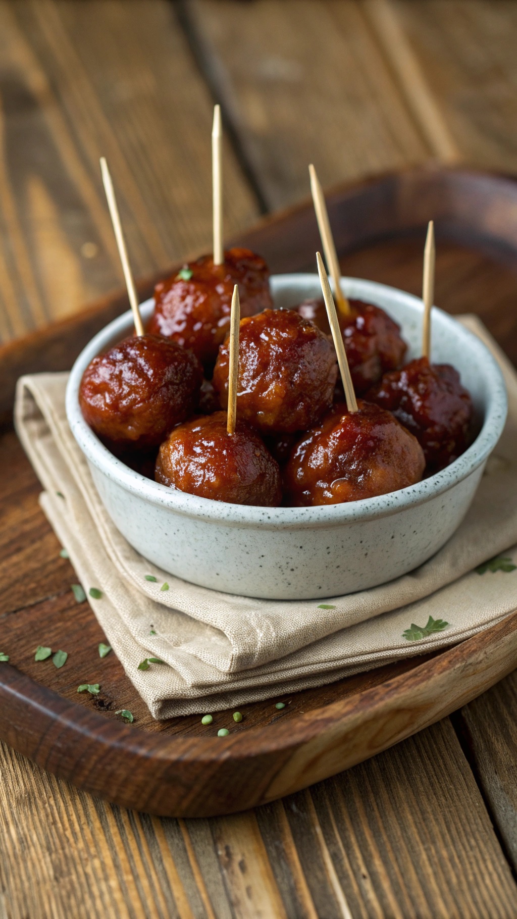 A bowl of mini meatballs in BBQ sauce with toothpicks for serving.