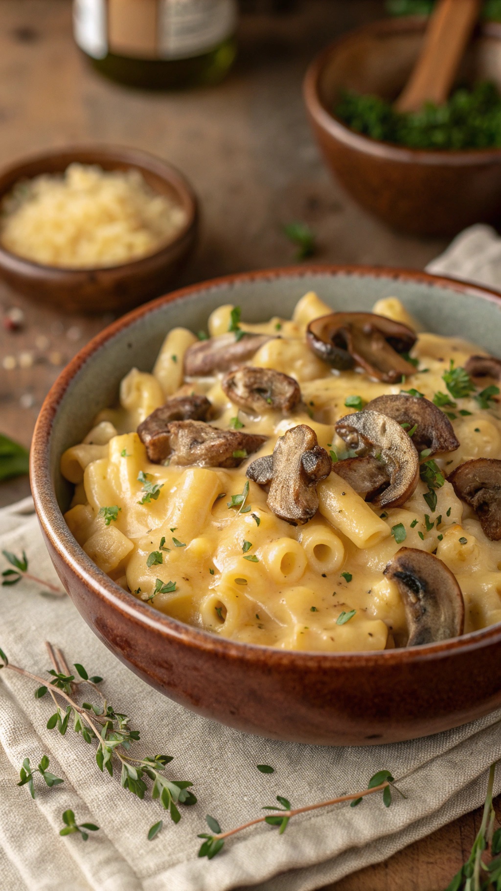 A bowl of Mushroom Mac and Cheese topped with sautéed mushrooms and fresh herbs.