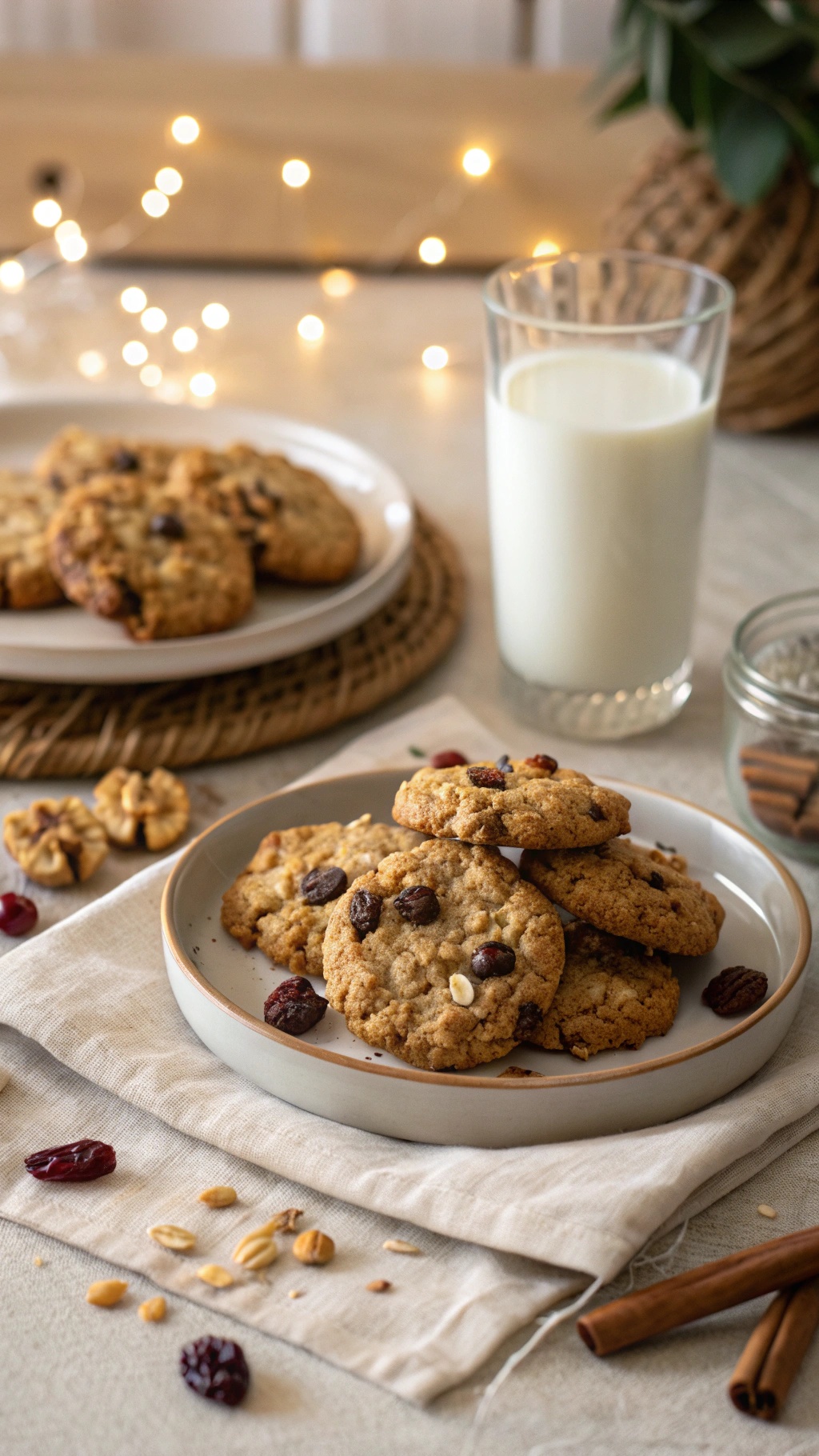 A plate of oatmeal cookies with chocolate chips and dried fruits, accompanied by a glass of milk.