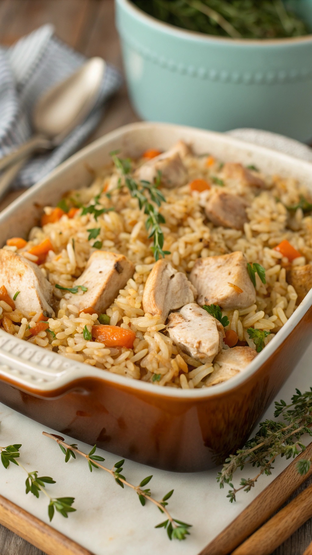 A delicious one-pot turkey and rice casserole with vegetables, ready to serve.