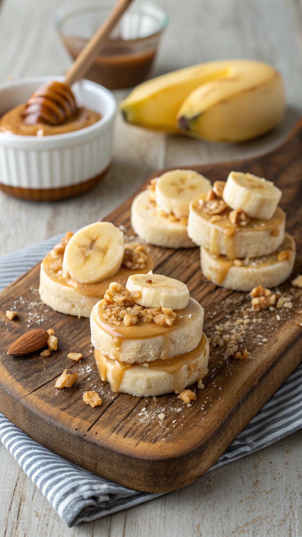 Peanut Butter Banana Bites on a wooden platter with honey and bananas in the background.