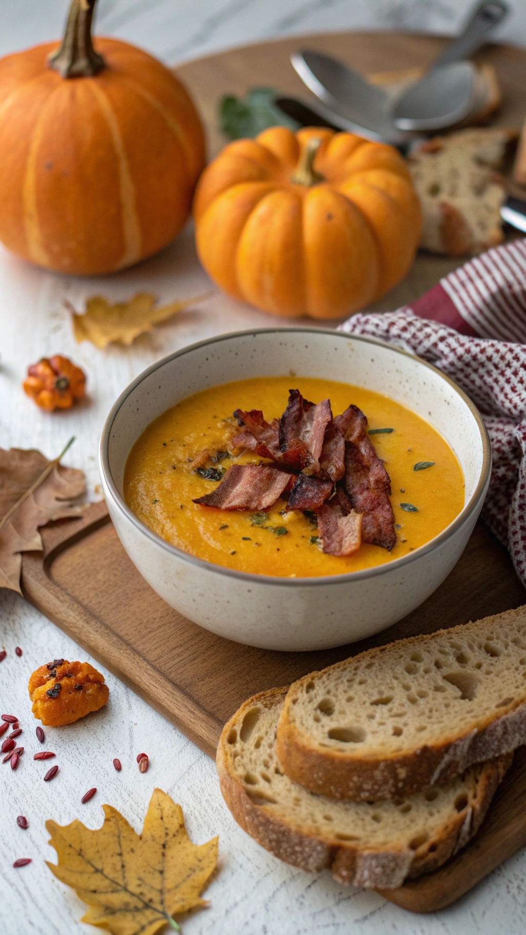 A bowl of pumpkin and bacon soup topped with crispy bacon, surrounded by pumpkins and autumn leaves.