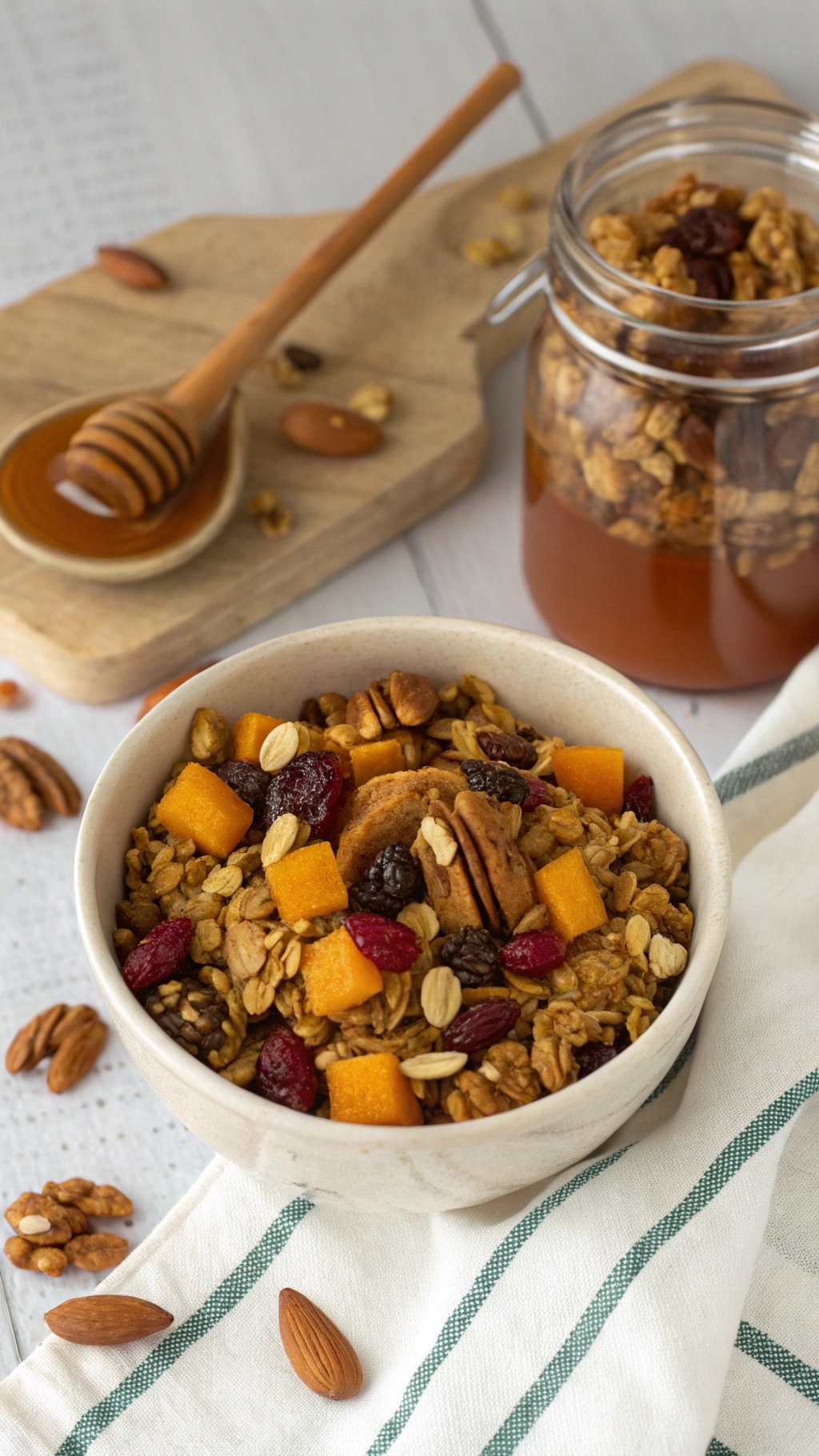 A bowl of pumpkin granola with nuts and dried fruits, alongside a jar of granola and honey.
