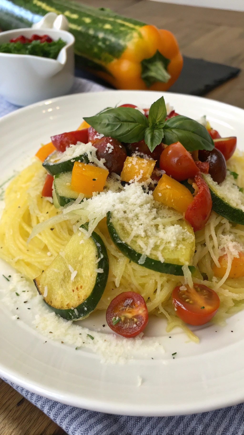 A plate of spaghetti squash primavera topped with colorful vegetables and basil.