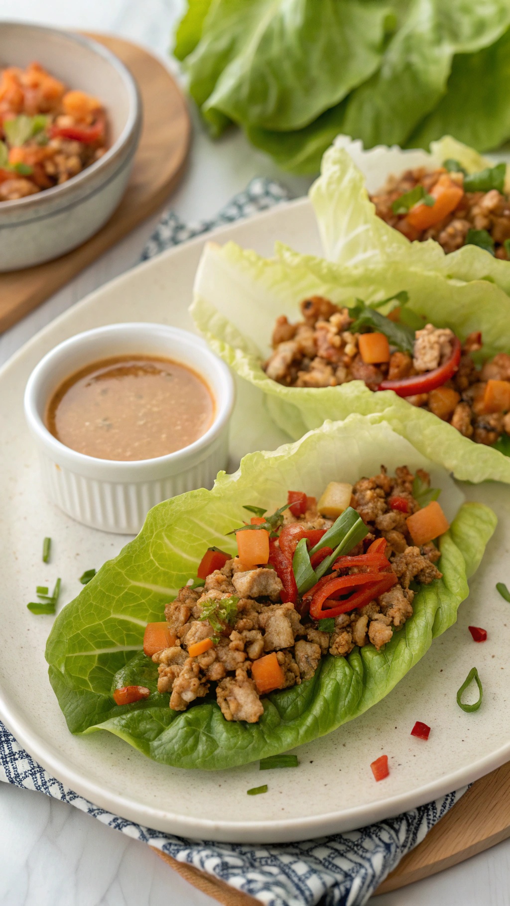 Spicy chicken lettuce wraps with colorful veggies and a dipping sauce