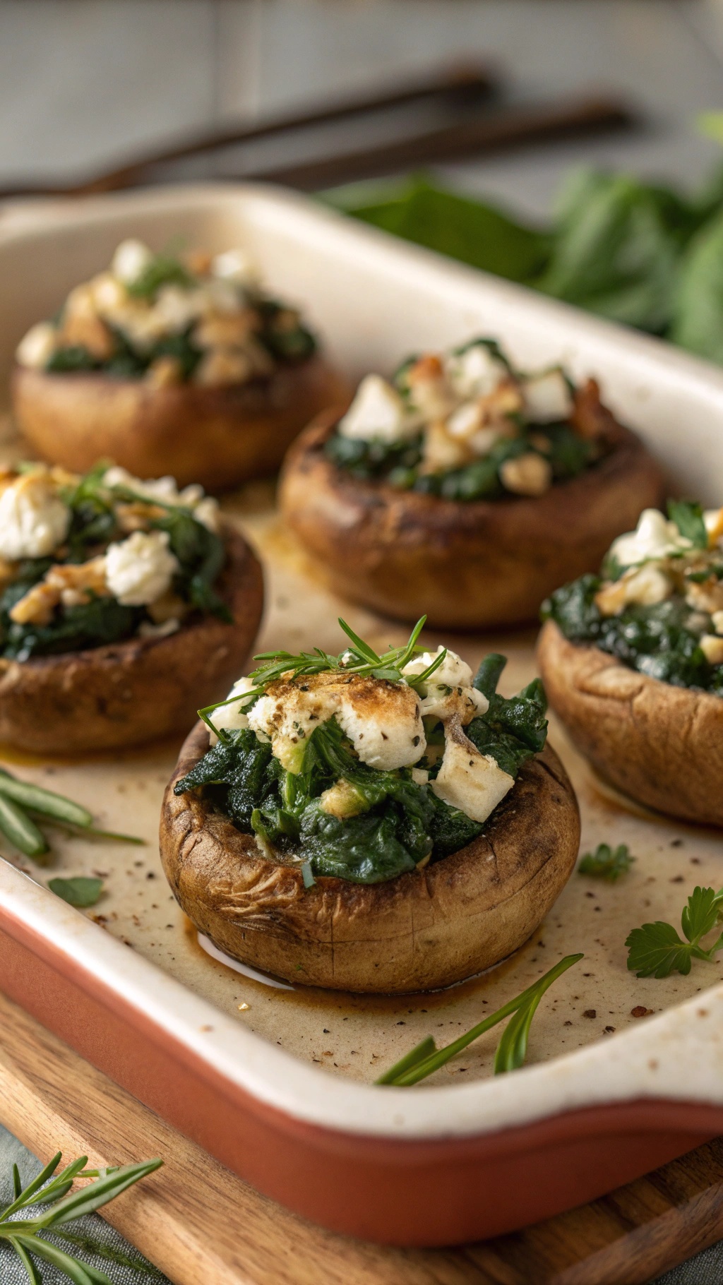 Spinach and feta stuffed mushrooms on a baking dish.