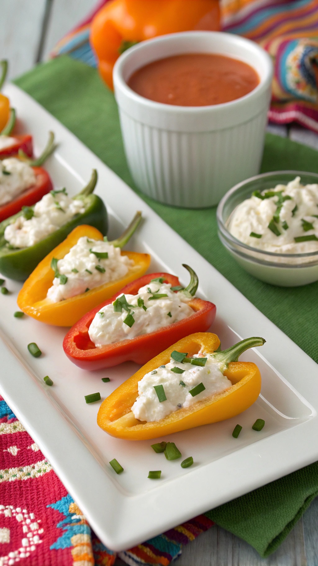Colorful stuffed mini peppers filled with cheese and herbs, served on a platter with dipping sauce.
