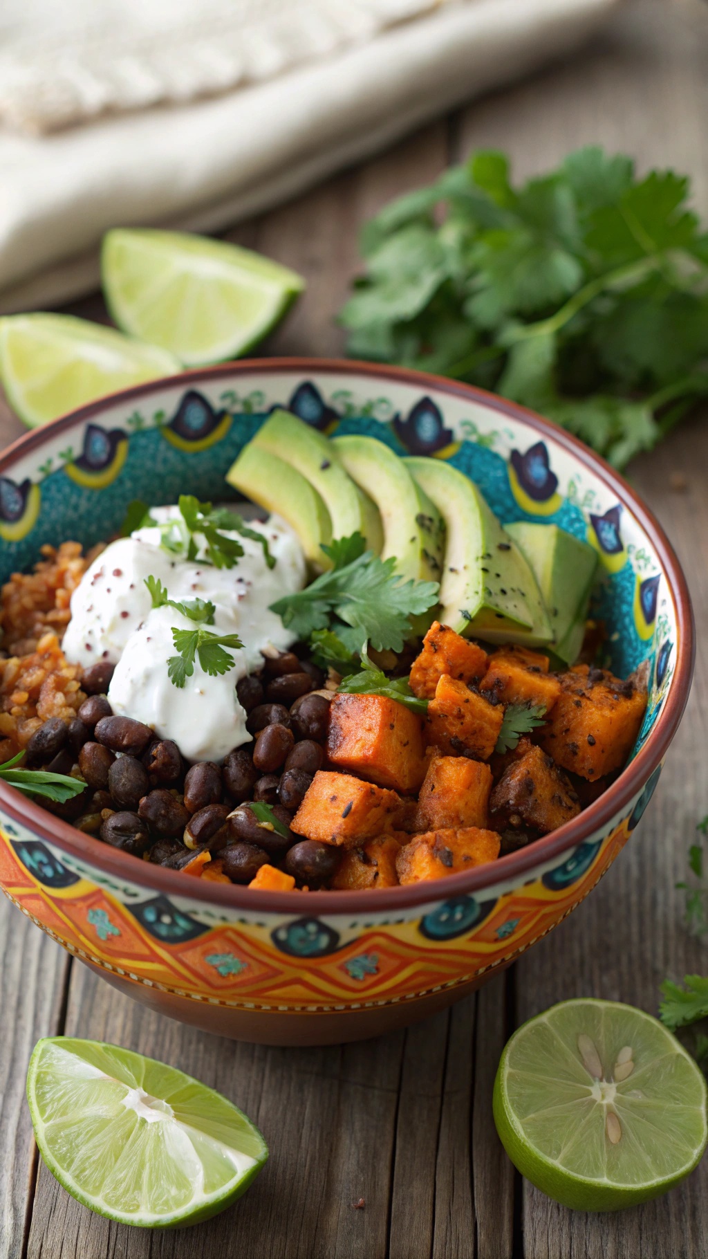 A colorful Sweet Potato and Black Bean Bowl with avocado, yogurt, and lime wedges on a wooden table.