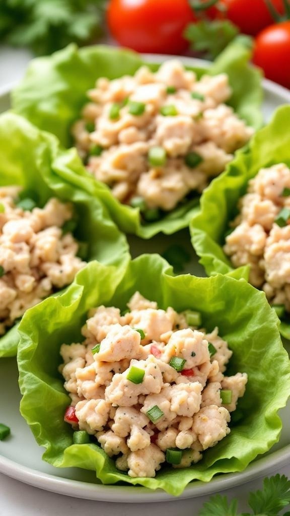 Tuna salad served in lettuce wraps with diced vegetables