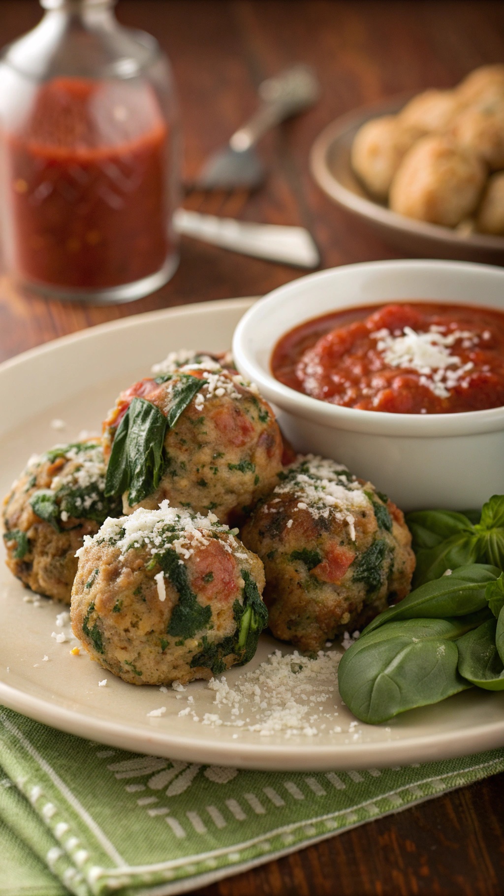 A plate of turkey and spinach meatballs with marinara sauce and fresh spinach leaves.