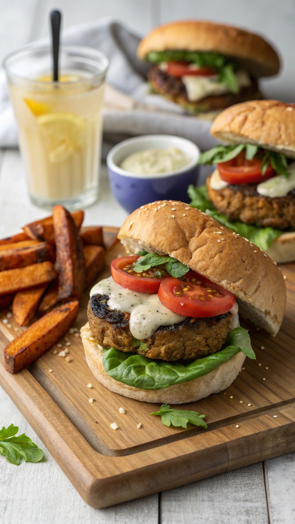 A delicious vegan eggplant burger with fresh toppings and sweet potato fries on a wooden platter.