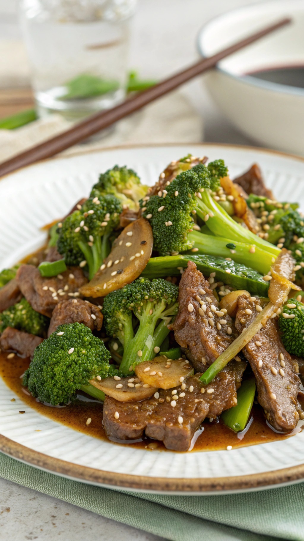 A plate of beef and broccoli stir fry with sesame seeds on top.