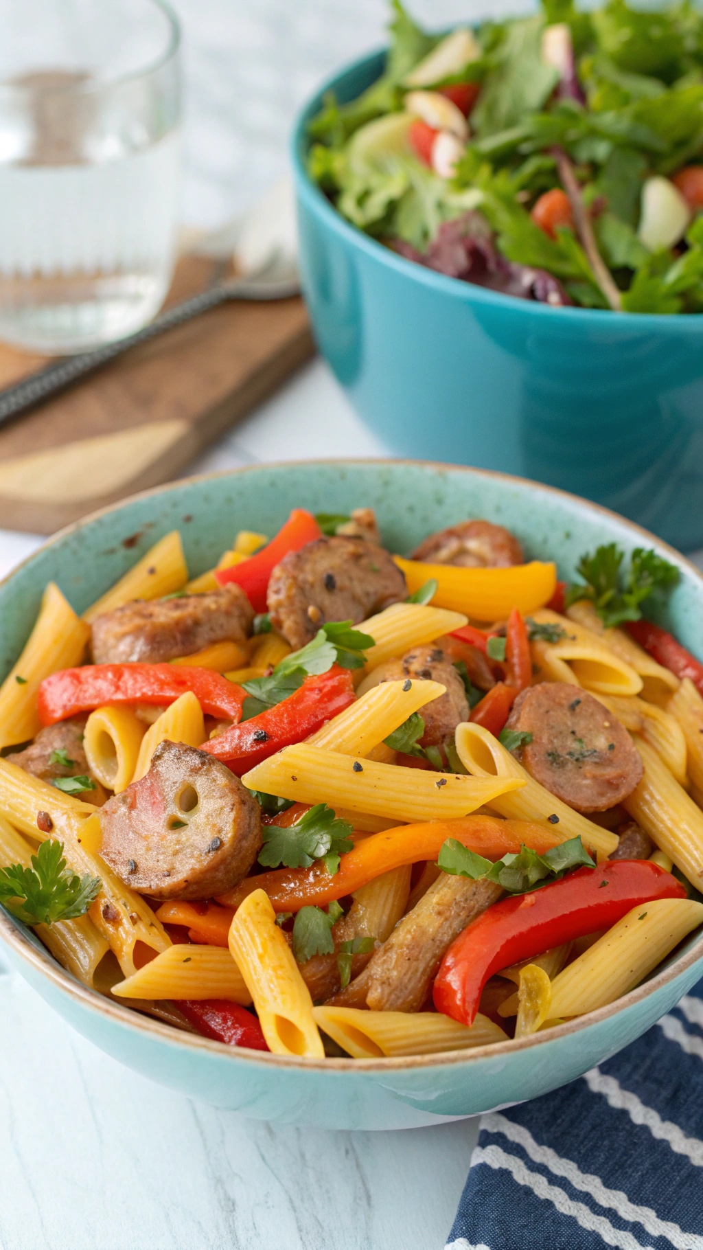 A bowl of sausage and peppers pasta with colorful bell peppers and sausage slices, garnished with parsley.