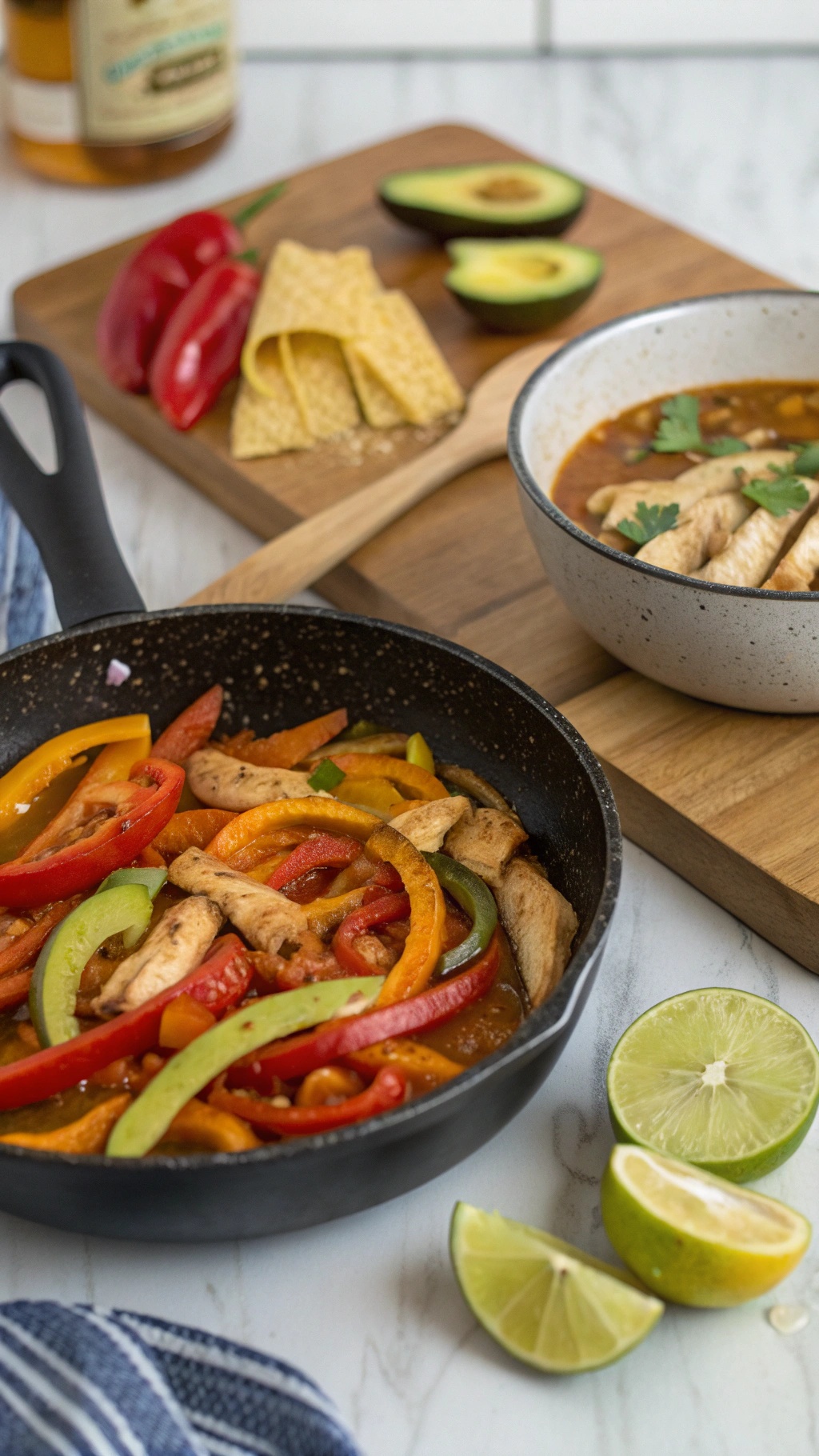 A skillet with sautéed bell peppers next to a bowl of chicken tortilla soup, garnished with cilantro.