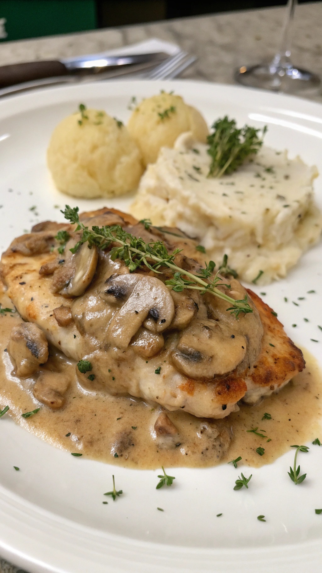 Sautéed chicken breast with mushroom cream sauce, served with mashed potatoes and garnished with herbs.