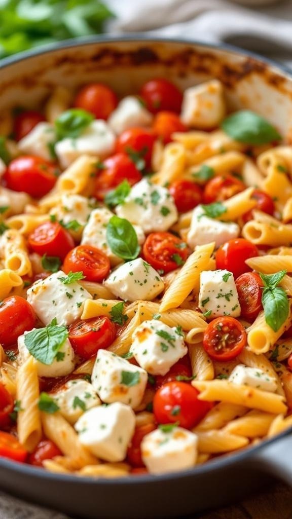 A pot of baked feta pasta with cherry tomatoes and fresh basil.