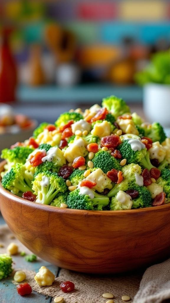 A bowl of classic broccoli salad with raisins, pine nuts, and creamy dressing.