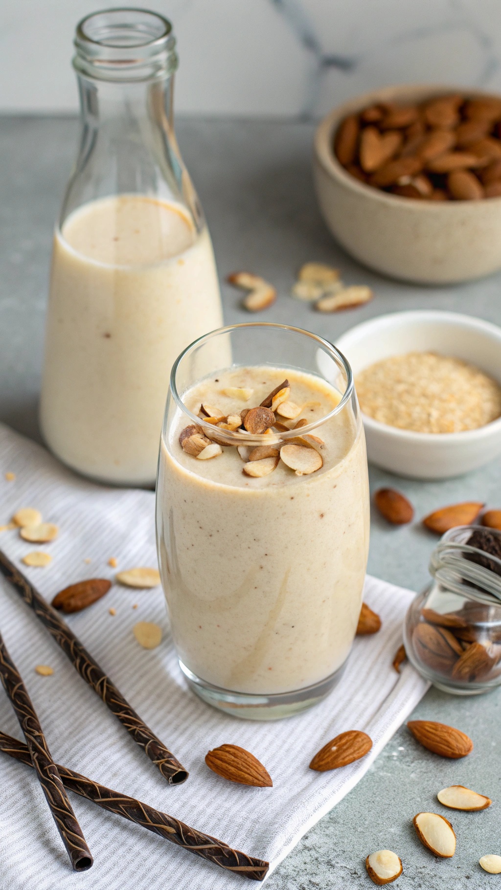 A glass of vanilla almond protein smoothie topped with sliced almonds, with a bottle of smoothie and almonds in the background.
