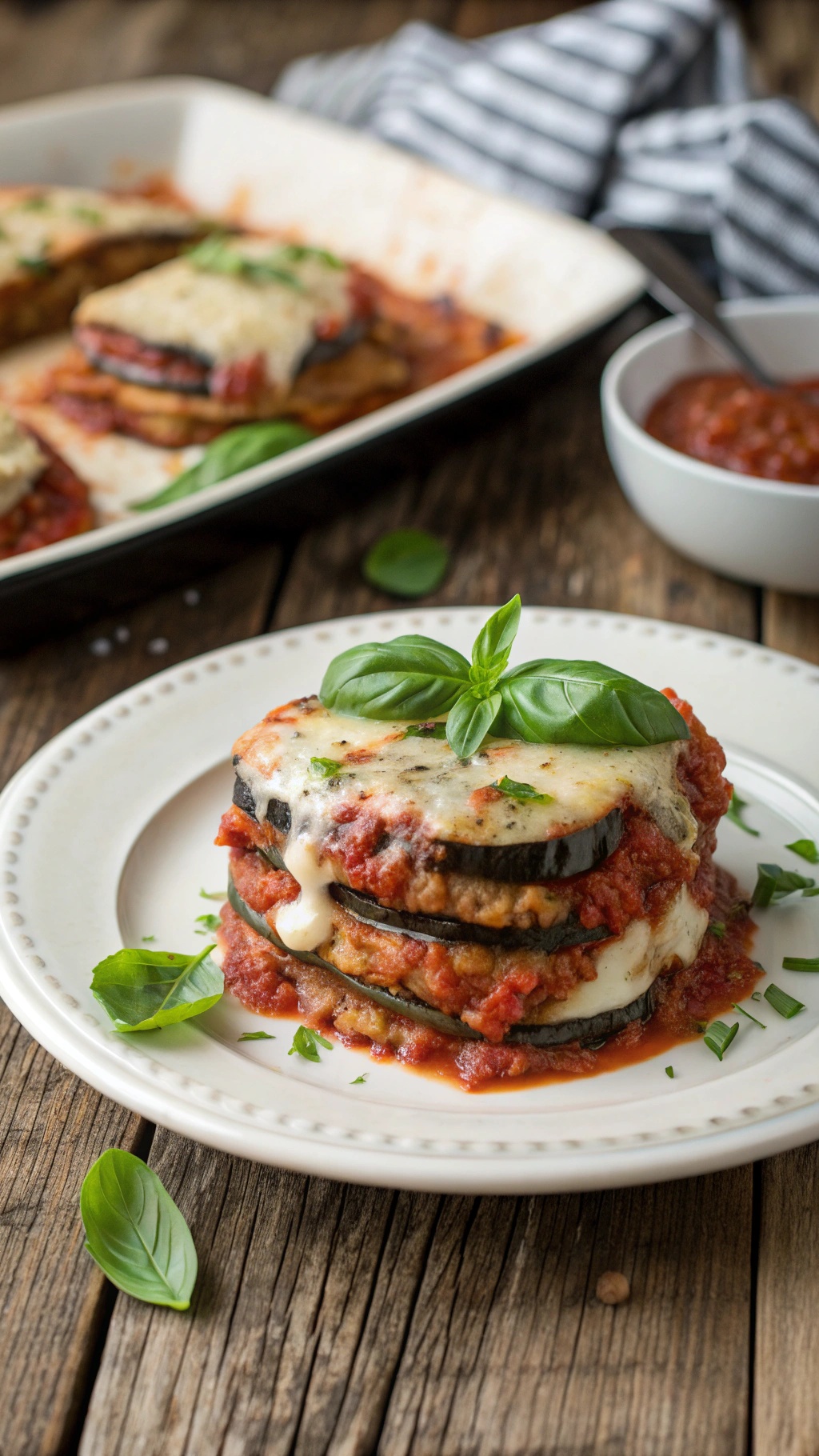 Healthy eggplant parmesan with layers of eggplant, marinara sauce, and cheese, garnished with basil.