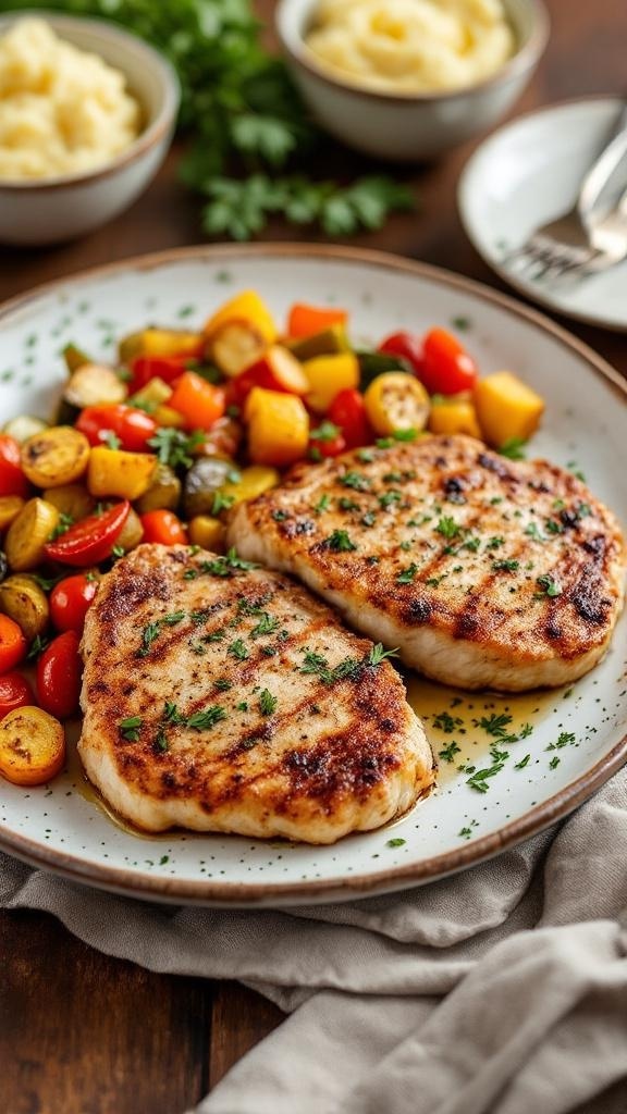 Herb-crusted pork chops served with sautéed vegetables on a plate.