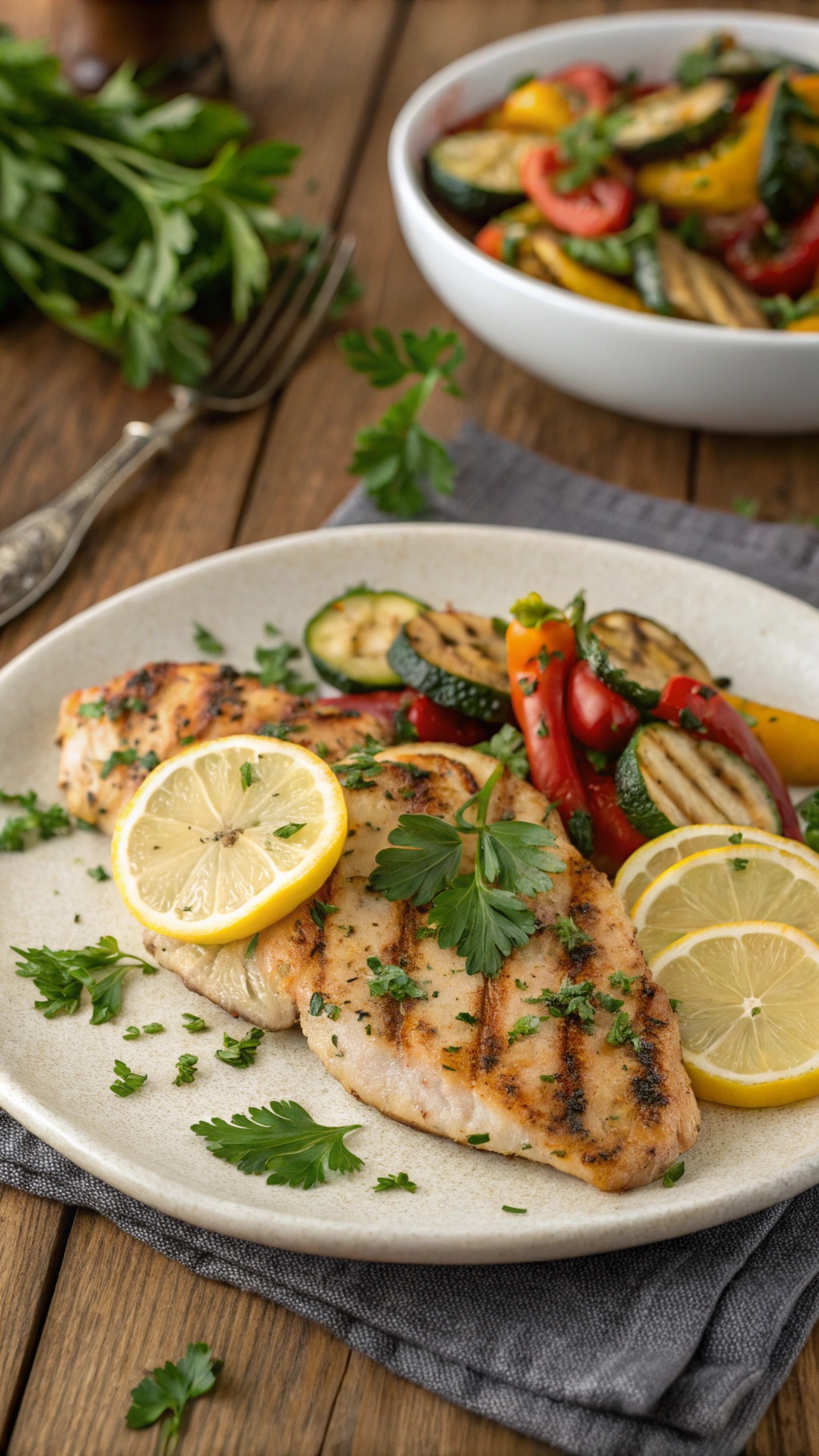 Juicy Lemon Herb Grilled Chicken with lemon slices and grilled vegetables